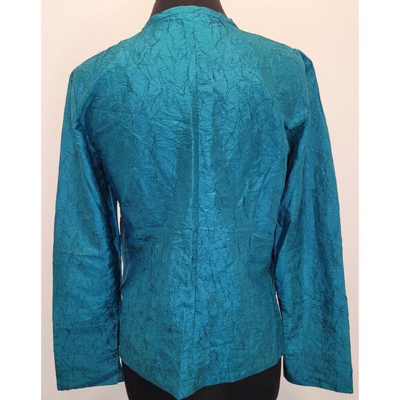 VTG Eileen Fisher Luxury Teal Silk Asian Inspired Jacket Polished Style Small - Picture 3 of 7